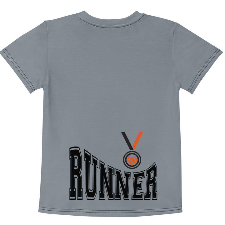 Track Runner Kangaroo Girls T-shirt, dark gray background with an orange sporty kangaroo running on an orange track on the front, and "RUNNER" text in black stitching with an orange and black medal at the bottom on the back, back view