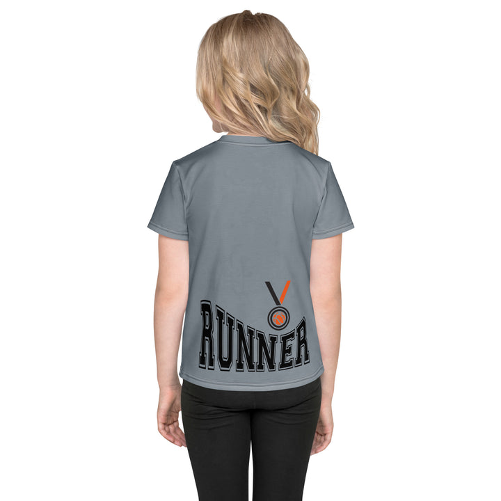Track Runner Kangaroo Girls T-shirt, dark gray background with an orange sporty kangaroo running on an orange track on the front, and "RUNNER" text in black stitching with an orange and black medal at the bottom on the back, back view on model