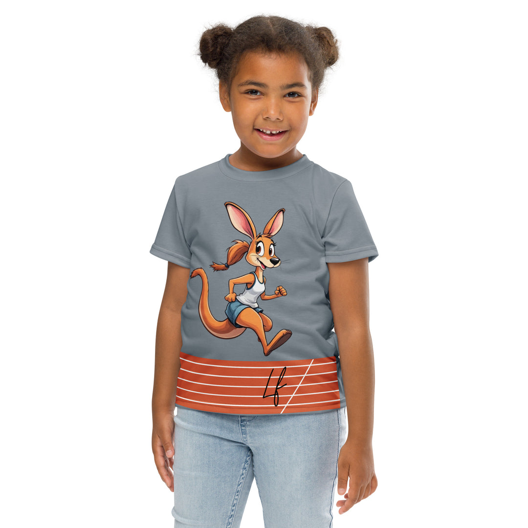 Track Runner Kangaroo Girls T-shirt, dark gray background with an orange sporty kangaroo running on an orange track on the front, and "RUNNER" text in black stitching with an orange and black medal at the bottom on the back, front pose with arms at sides on model