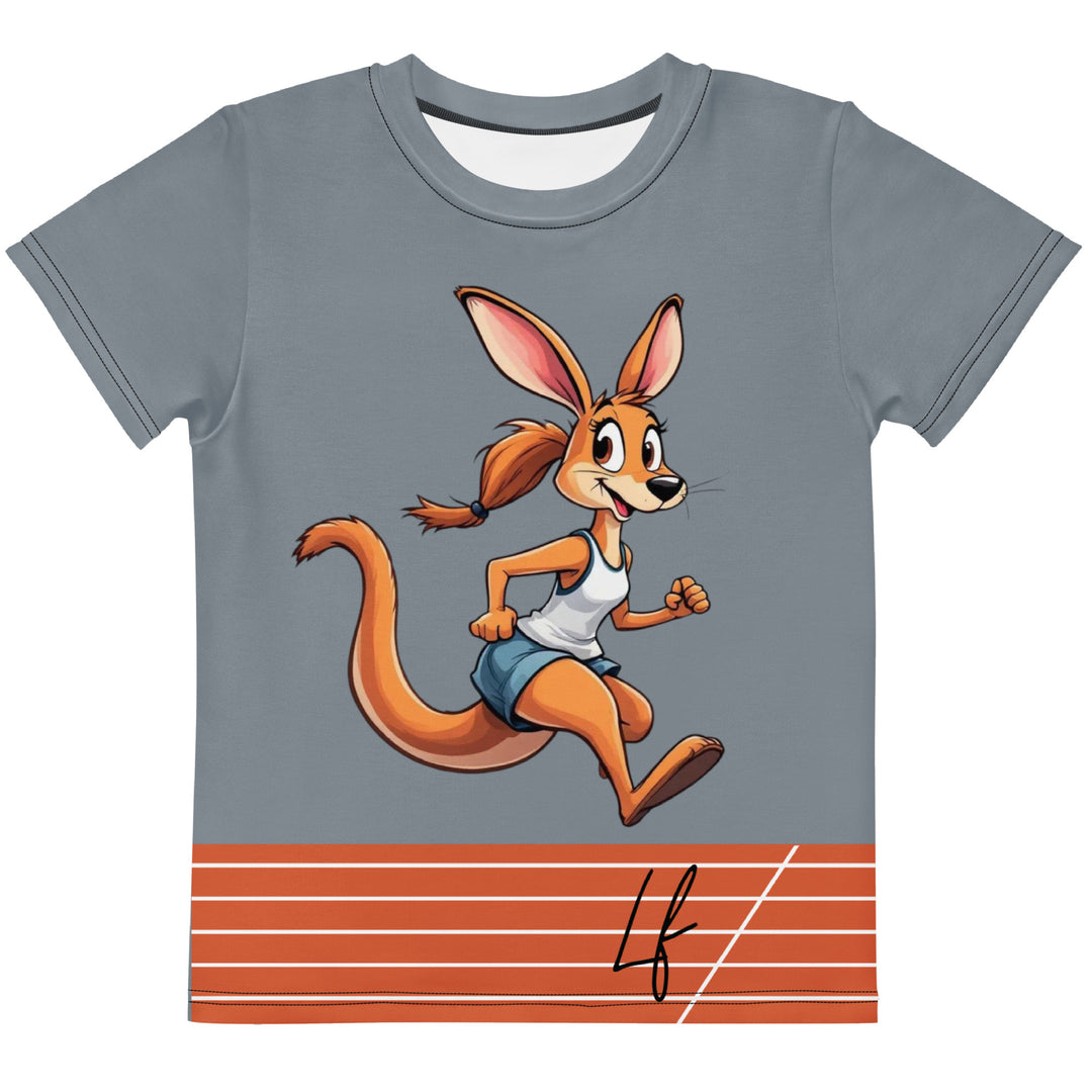  Track Runner Kangaroo Girls T-shirt, dark gray background with an orange sporty kangaroo running on an orange track on the front, and "RUNNER" text in black stitching with an orange and black medal at the bottom on the back, front view