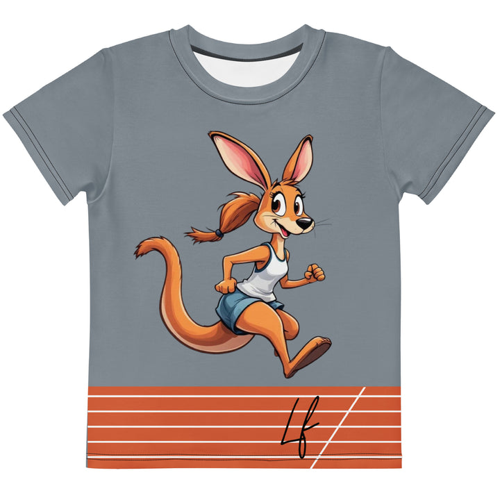  Track Runner Kangaroo Girls T-shirt, dark gray background with an orange sporty kangaroo running on an orange track on the front, and "RUNNER" text in black stitching with an orange and black medal at the bottom on the back, front view