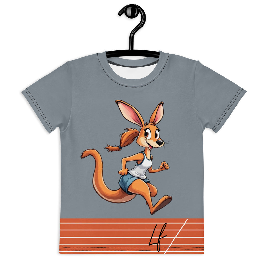 Track Runner Kangaroo Girls T-shirt, dark gray background with an orange sporty kangaroo running on an orange track on the front, and "RUNNER" text in black stitching with an orange and black medal at the bottom on the back, front view on hanger