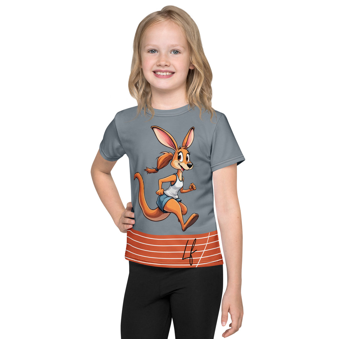 Track Runner Kangaroo Girls T-shirt, dark gray background with an orange sporty kangaroo running on an orange track on the front, and "RUNNER" text in black stitching with an orange and black medal at the bottom on the back, front view on model