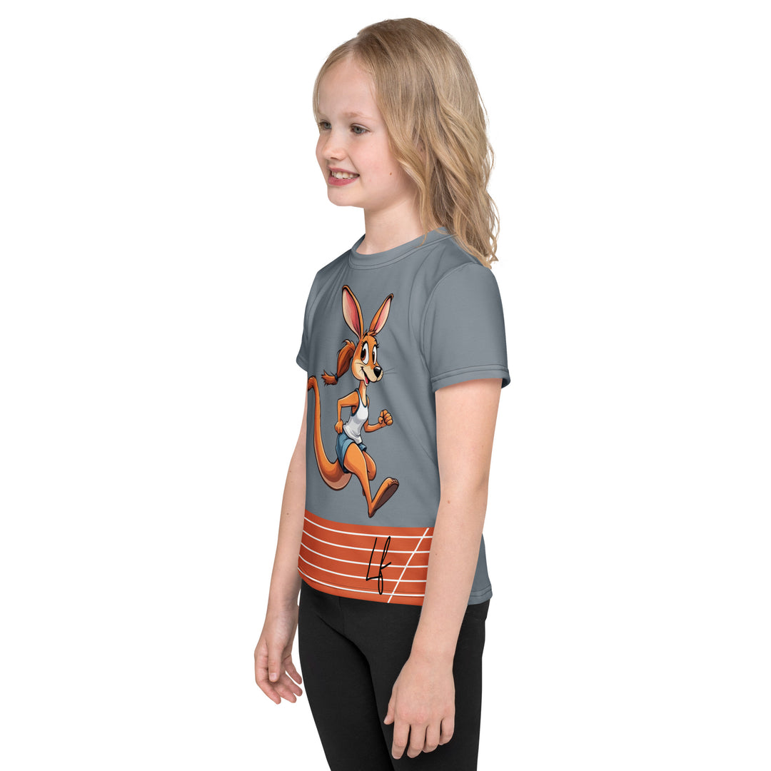 Track Runner Kangaroo Girls T-shirt, dark gray background with an orange sporty kangaroo running on an orange track on the front, and "RUNNER" text in black stitching with an orange and black medal at the bottom on the back, left side view on model