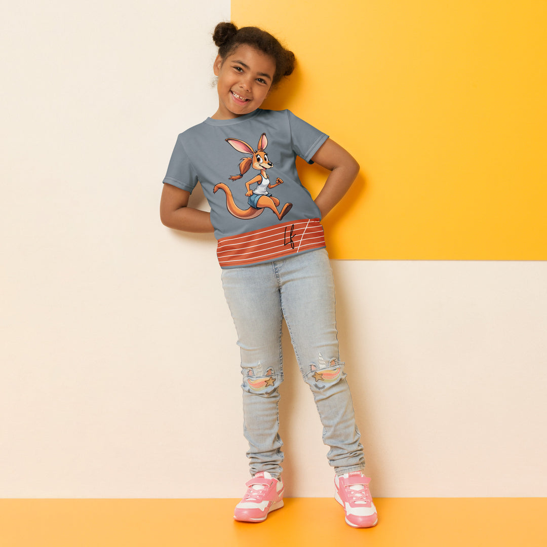 Track Runner Kangaroo Girls T-shirt, dark gray background with an orange sporty kangaroo running on an orange track on the front, and "RUNNER" text in black stitching with an orange and black medal at the bottom on the back, relaxed front pose on model