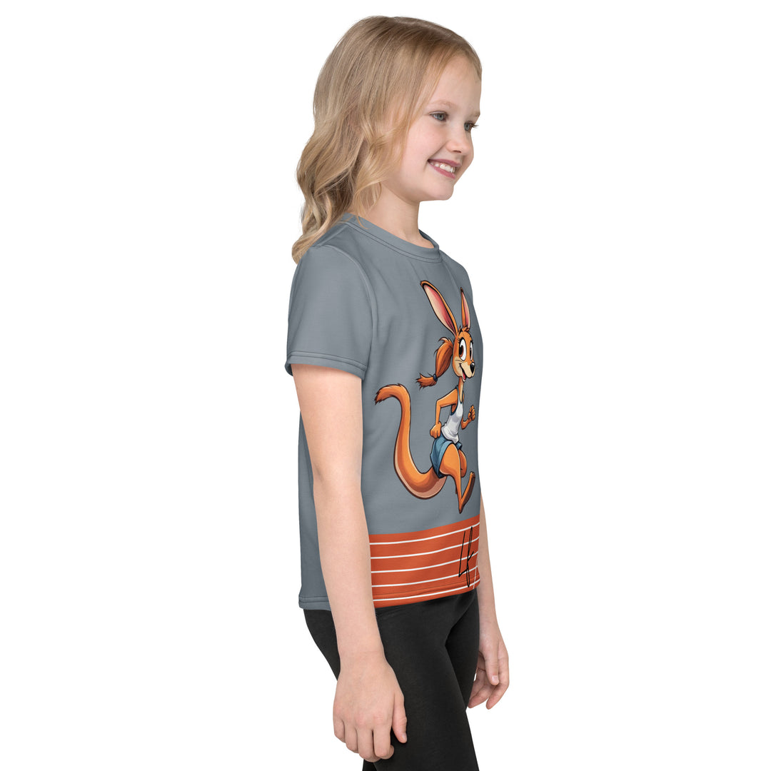Track Runner Kangaroo Girls T-shirt, dark gray background with an orange sporty kangaroo running on an orange track on the front, and "RUNNER" text in black stitching with an orange and black medal at the bottom on the back, right side view on model