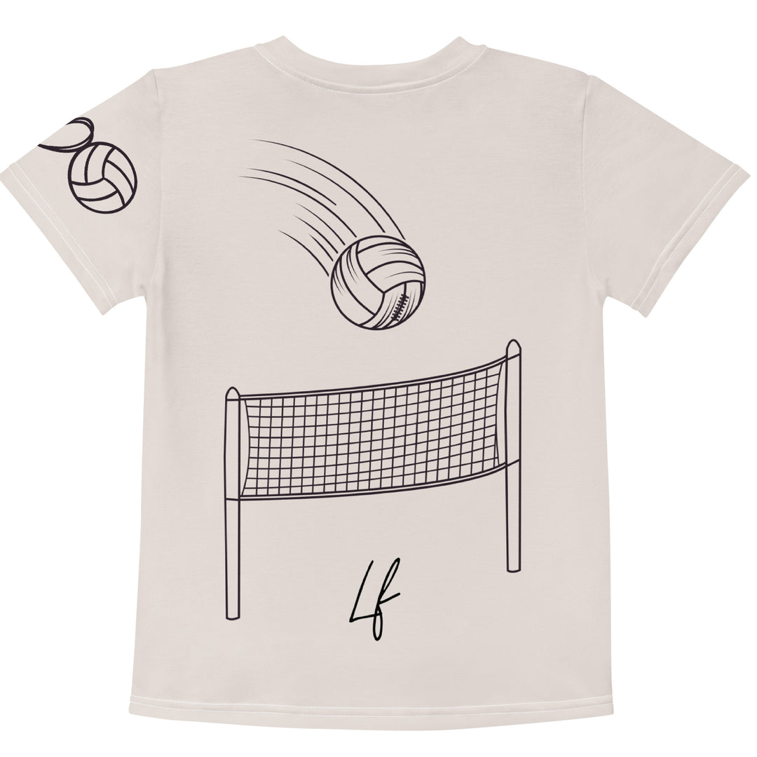 Volley Queen Tiger Girls T-shirt, beige background with a sporty dressed tiger holding a volleyball on the front, a heart, volleyball, and peace sign on the left sleeve, and a volleyball net with a ball leaving a motion trail on the back, back view