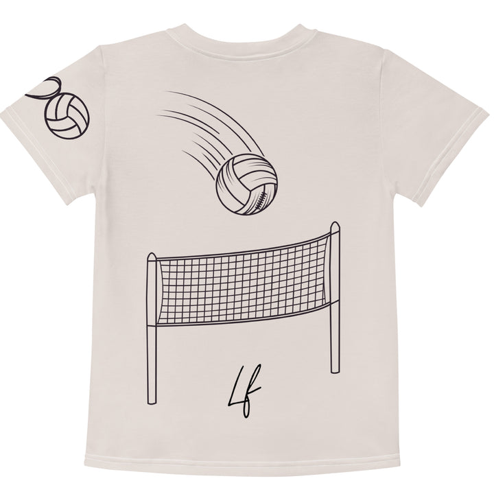 Volley Queen Tiger Girls T-shirt, beige background with a sporty dressed tiger holding a volleyball on the front, a heart, volleyball, and peace sign on the left sleeve, and a volleyball net with a ball leaving a motion trail on the back, back view