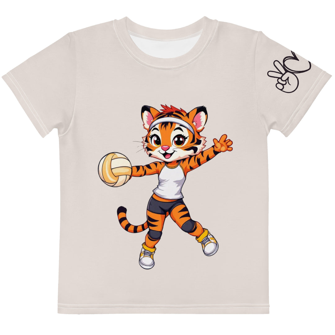 Volley Queen Tiger Girls T-shirt, beige background with a sporty dressed tiger holding a volleyball on the front, a heart, volleyball, and peace sign on the left sleeve, and a volleyball net with a ball leaving a motion trail on the back, front view