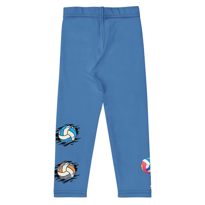 Volleyball Tiger Girls Leggings, blue background with a sporty dressed tiger holding a volleyball on one leg, and colorful glowing volleyballs on the other leg, back view