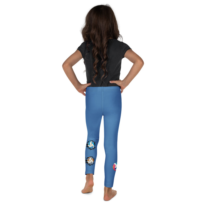  Volleyball Tiger Girls Leggings, blue background with a sporty dressed tiger holding a volleyball on one leg, and colorful glowing volleyballs on the other leg, back view on model