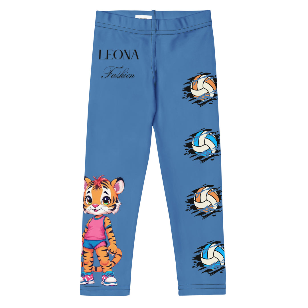 Volleyball Tiger Girls Leggings, blue background with a sporty dressed tiger holding a volleyball on one leg, and colorful glowing volleyballs on the other leg, front view-with a visible 'Leona Fashion' text on the design