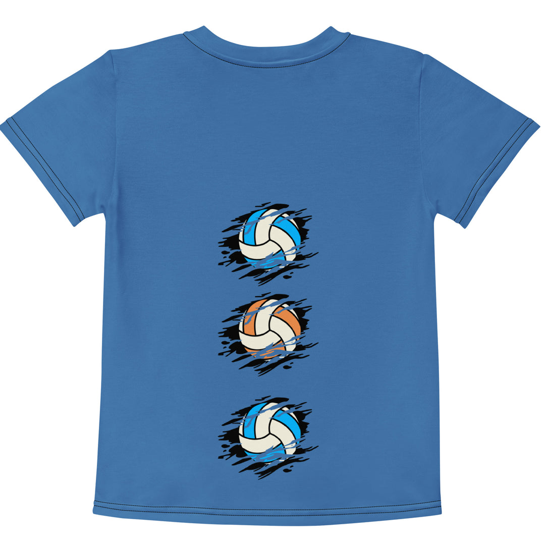 Volleyball Tiger Girls T-shirt, blue background with a sporty dressed tiger holding a volleyball on the front, and colorful glowing volleyballs on the back, back view