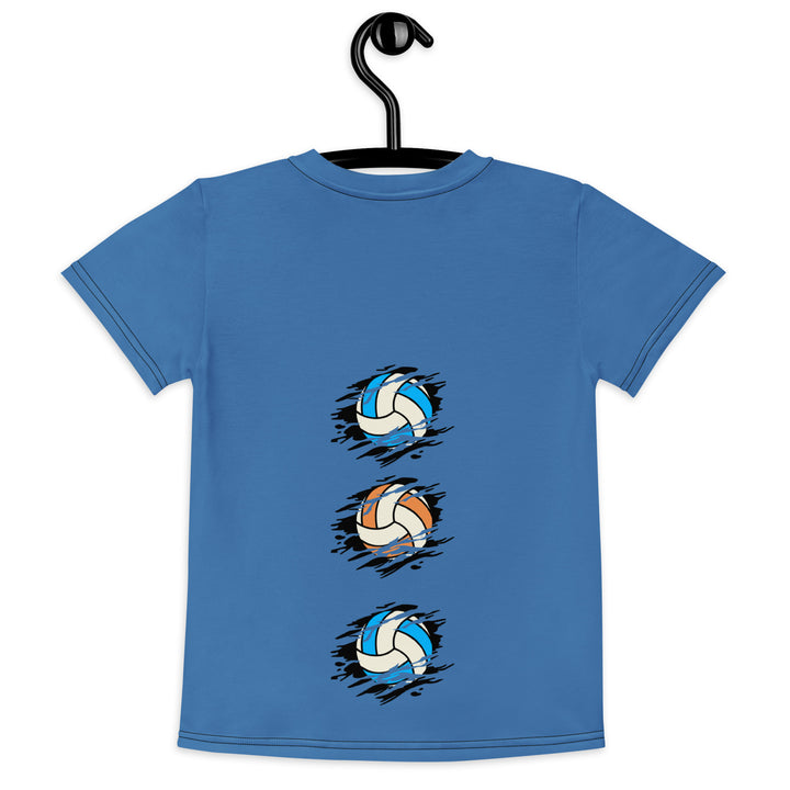 Volleyball Tiger Girls T-shirt, blue background with a sporty dressed tiger holding a volleyball on the front, and colorful glowing volleyballs on the back, back view on hanger