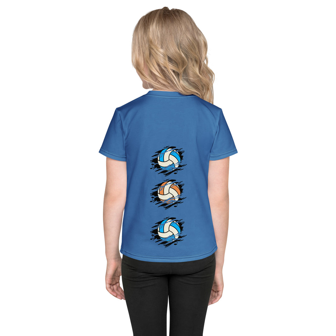 Volleyball Tiger Girls T-shirt, blue background with a sporty dressed tiger holding a volleyball on the front, and colorful glowing volleyballs on the back, back view on model