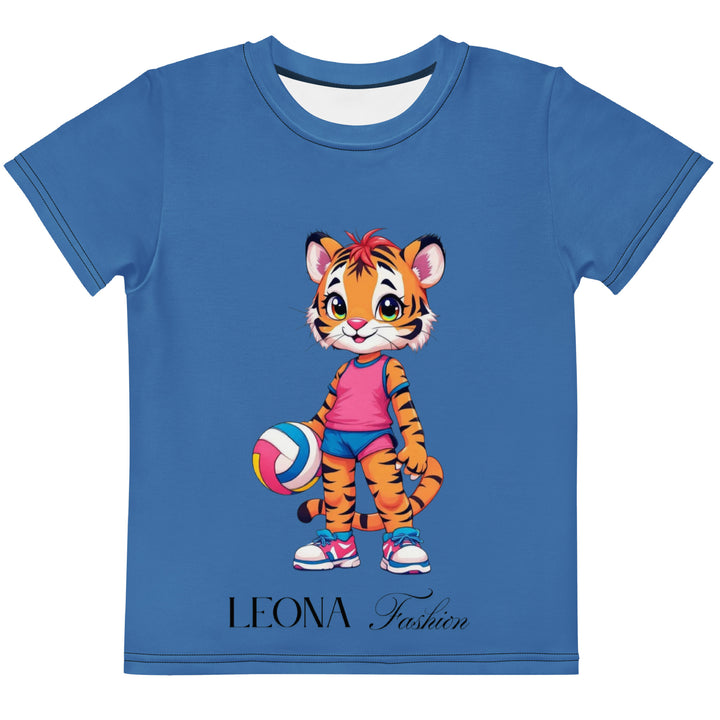 Volleyball Tiger Girls T-shirt, blue background with a sporty dressed tiger holding a volleyball on the front, and colorful glowing volleyballs on the back, front view-with a visible 'Leona Fashion' text on the design