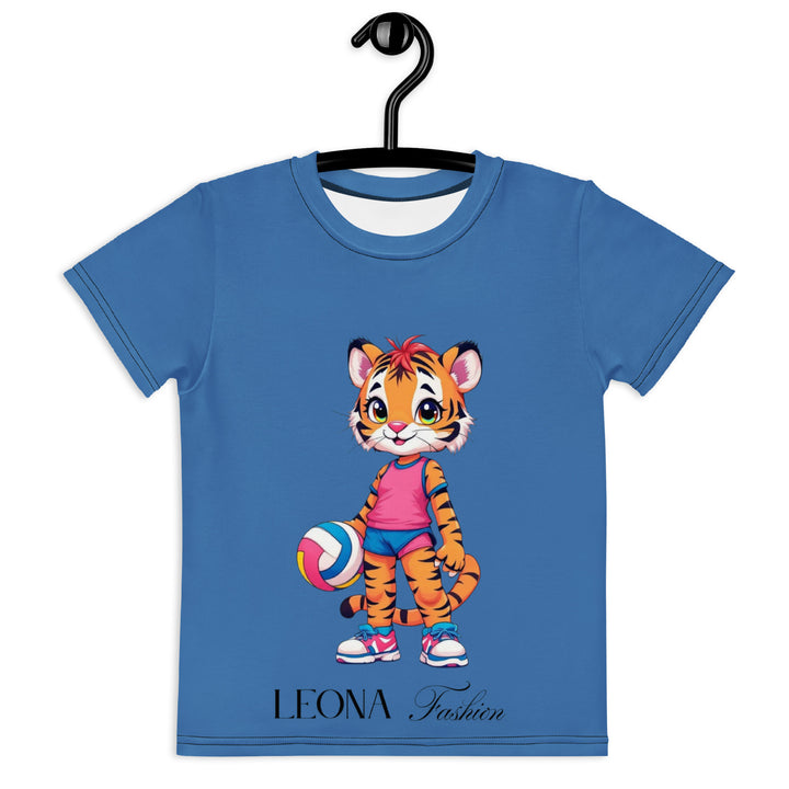 Volleyball Tiger Girls T-shirt, blue background with a sporty dressed tiger holding a volleyball on the front, and colorful glowing volleyballs on the back, front view on hanger-with a visible 'Leona Fashion' text on the design