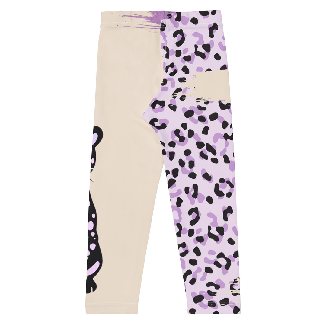 Wild Kitty Paw Purple Girls Leggings, cream background with a black panther featuring soft lavender spots on one leg, and a black and lavender tiger-striped pattern with a large matching paw on the other leg, mixed with cream details, back view