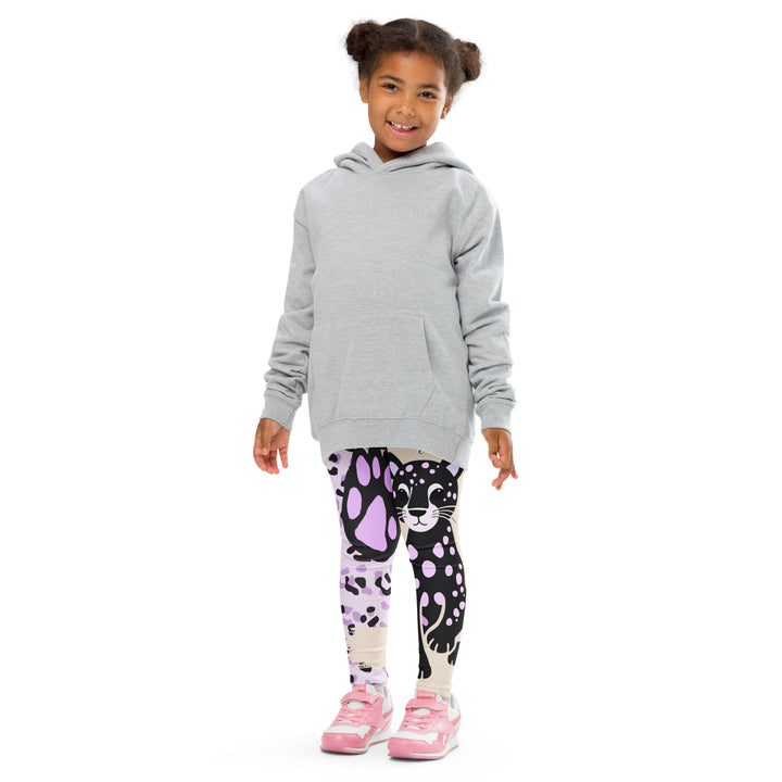  Wild Kitty Paw Purple Girls Leggings, cream background with a black panther featuring soft lavender spots on one leg, and a black and lavender tiger-striped pattern with a large matching paw on the other leg, mixed with cream details, front pose with arms at sides on model