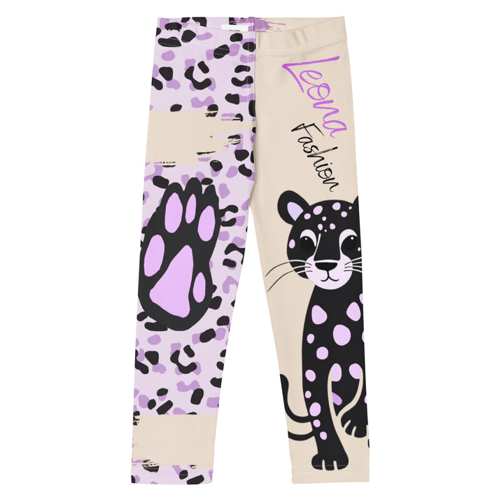 Wild Kitty Paw Purple Girls Leggings, cream background with a black panther featuring soft lavender spots on one leg, and a black and lavender tiger-striped pattern with a large matching paw on the other leg, mixed with cream details, front view-with a visible 'Leona Fashion' text on the design