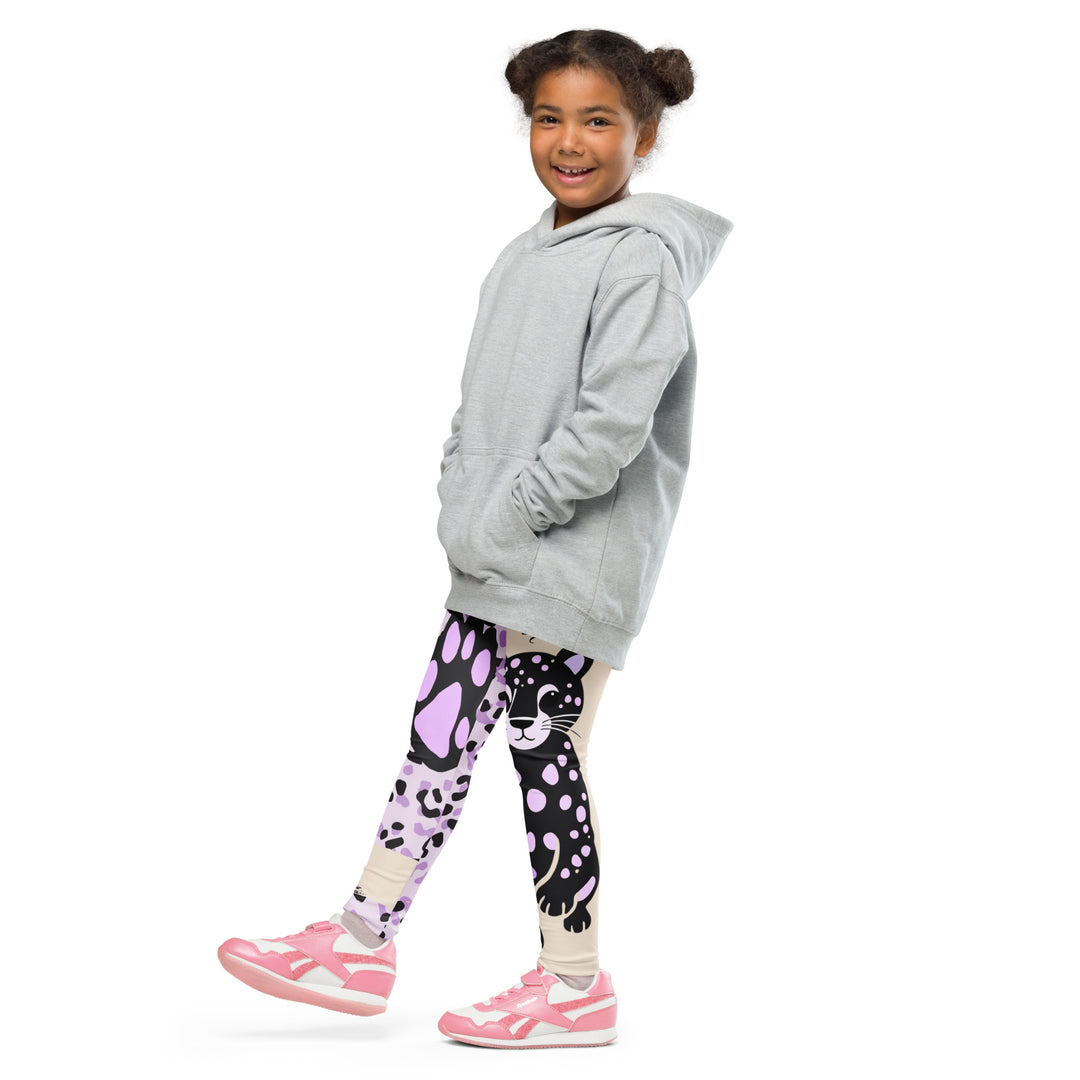  Wild Kitty Paw Purple Girls Leggings, cream background with a black panther featuring soft lavender spots on one leg, and a black and lavender tiger-striped pattern with a large matching paw on the other leg, mixed with cream details, front view with one leg lifted and extended on model-with a visible 'Leona Fashion' text on the design