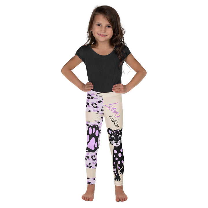 Wild Kitty Paw Purple Girls Leggings, cream background with a black panther featuring soft lavender spots on one leg, and a black and lavender tiger-striped pattern with a large matching paw on the other leg, mixed with cream details, relaxed front pose on model-with a visible 'Leona Fashion' text on the design
