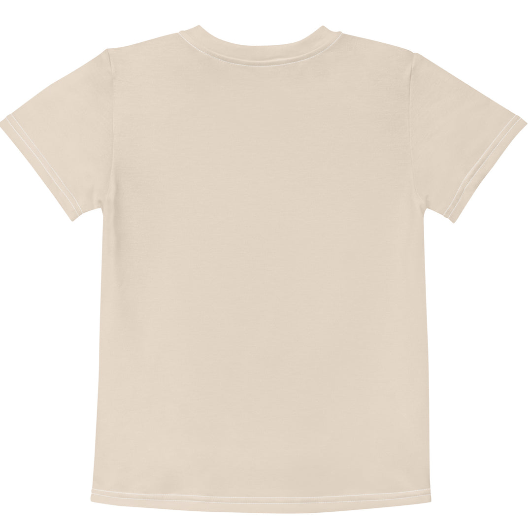 Wild Kitty Paw Purple Girls T-shirt, cream background with a black panther featuring soft lavender spots, accented by lavender brushstroke shapes and a cream tiger-print rectangular pattern, back view