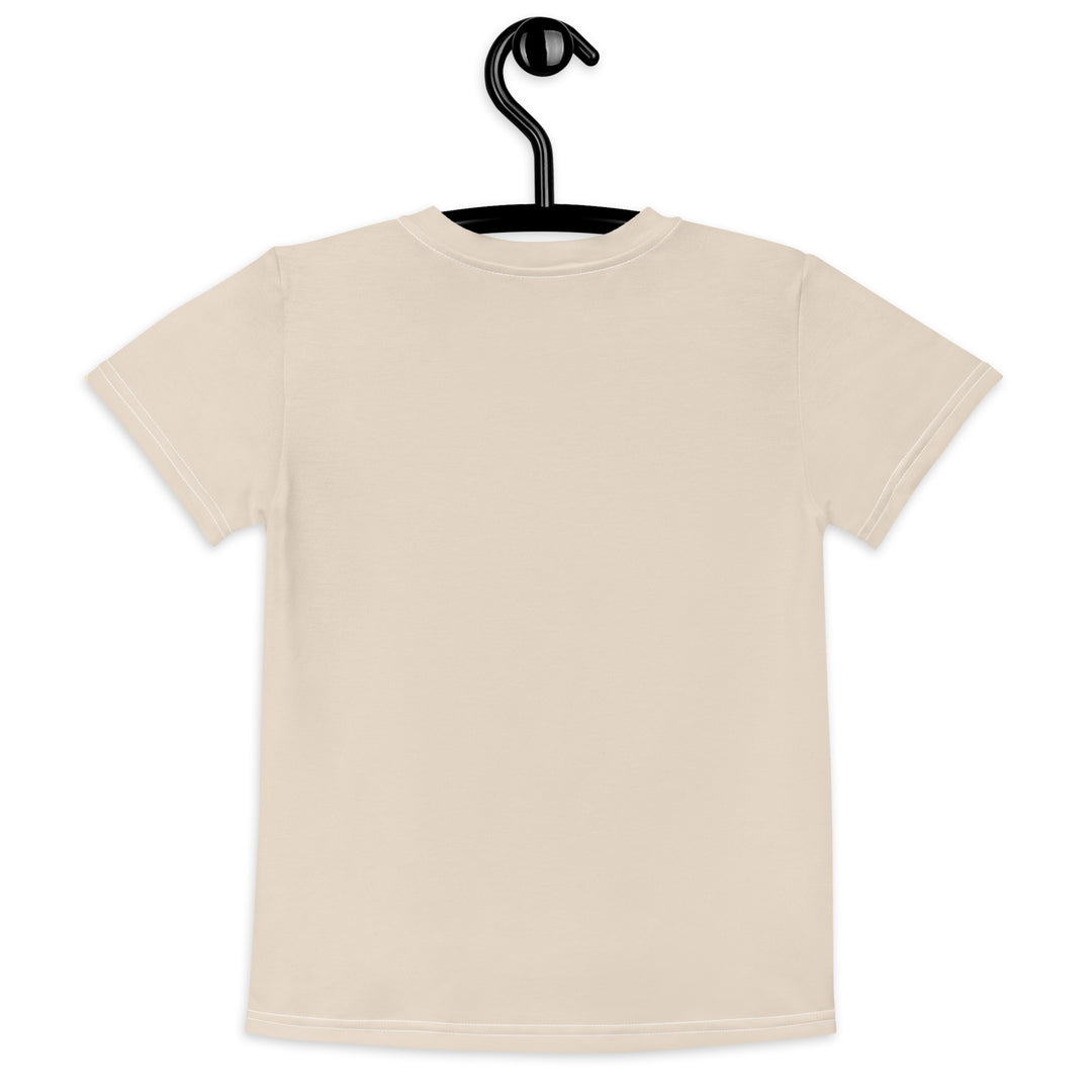 Wild Kitty Paw Purple Girls T-shirt, cream background with a black panther featuring soft lavender spots, accented by lavender brushstroke shapes and a cream tiger-print rectangular pattern, back view on hanger