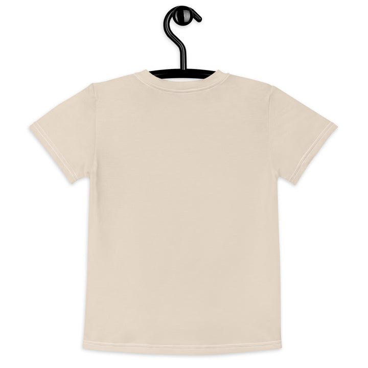 Wild Kitty Paw Purple Girls T-shirt, cream background with a black panther featuring soft lavender spots, accented by lavender brushstroke shapes and a cream tiger-print rectangular pattern, back view on hanger