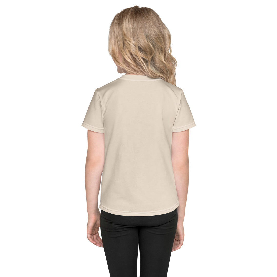  Wild Kitty Paw Purple Girls T-shirt, cream background with a black panther featuring soft lavender spots, accented by lavender brushstroke shapes and a cream tiger-print rectangular pattern, back view on model