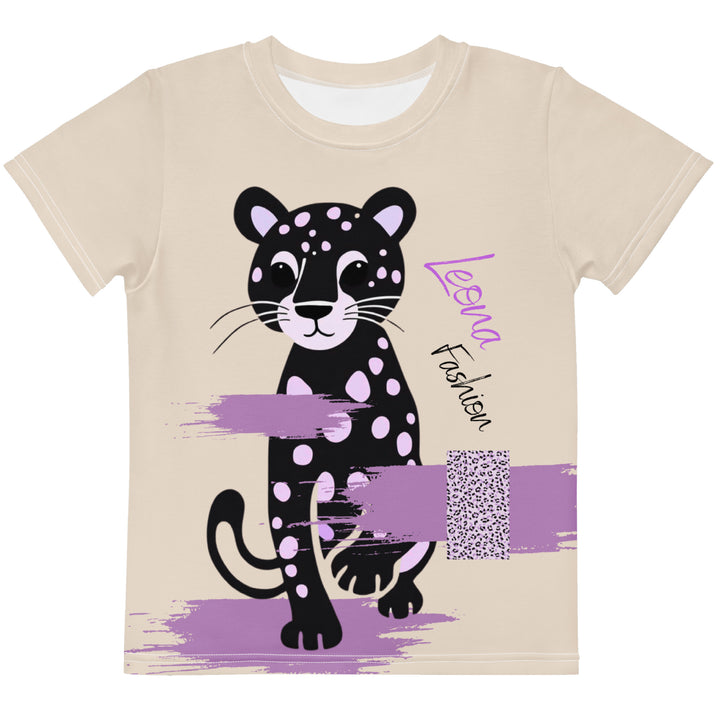  Wild Kitty Paw Purple Girls T-shirt, cream background with a black panther featuring soft lavender spots, accented by lavender brushstroke shapes and a cream tiger-print rectangular pattern, front view-with a visible 'Leona Fashion' text on the design