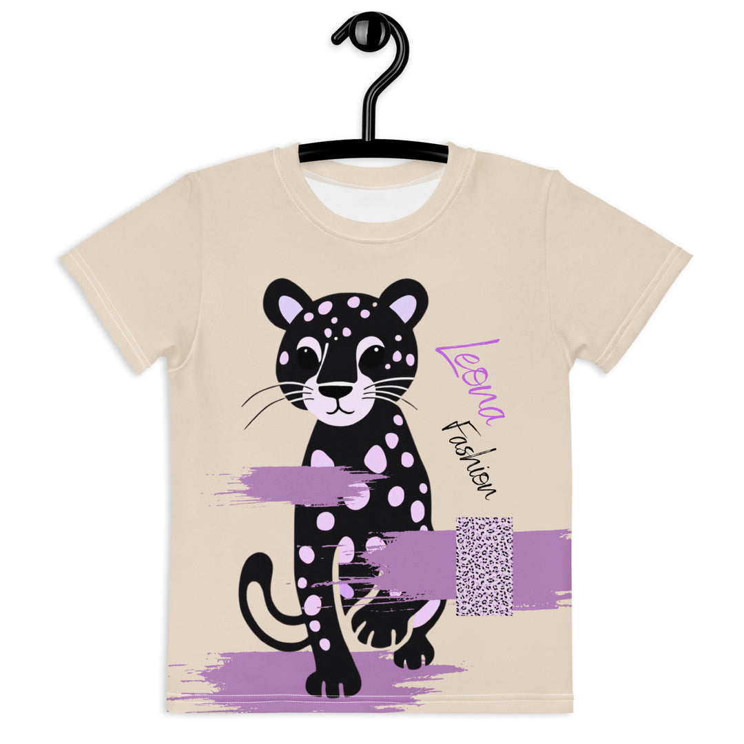 Wild Kitty Paw Purple Girls T-shirt, cream background with a black panther featuring soft lavender spots, accented by lavender brushstroke shapes and a cream tiger-print rectangular pattern, front view on hanger-with a visible 'Leona Fashion' text on the design