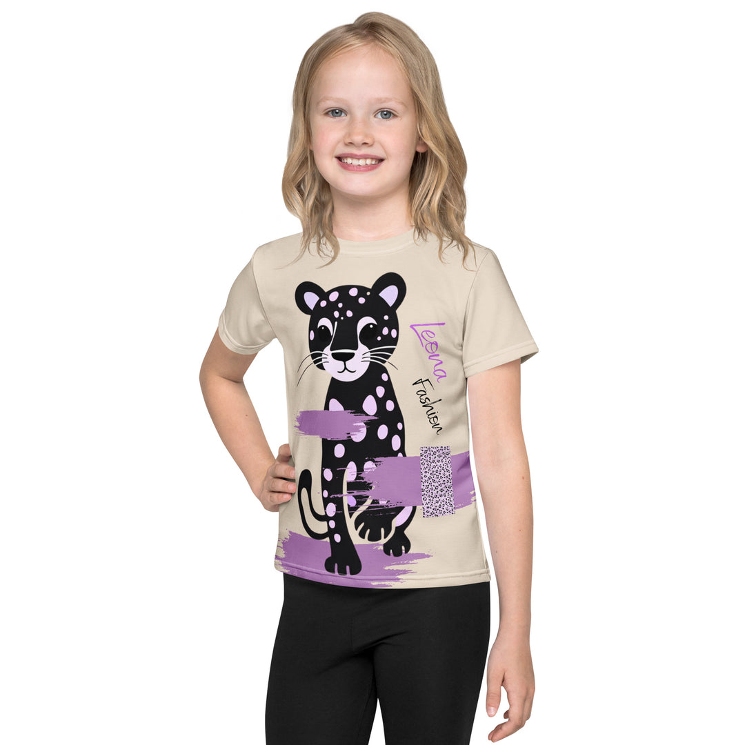Wild Kitty Paw Purple Girls T-shirt, cream background with a black panther featuring soft lavender spots, accented by lavender brushstroke shapes and a cream tiger-print rectangular pattern, front view on model-with a visible 'Leona Fashion' text on the design