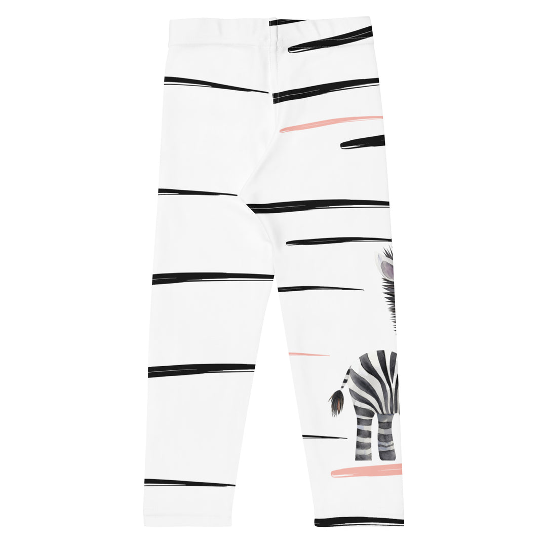 Zebra Blush Glow Girls Leggings, white with black and white zebra print and blush pink stripes – back view on white background