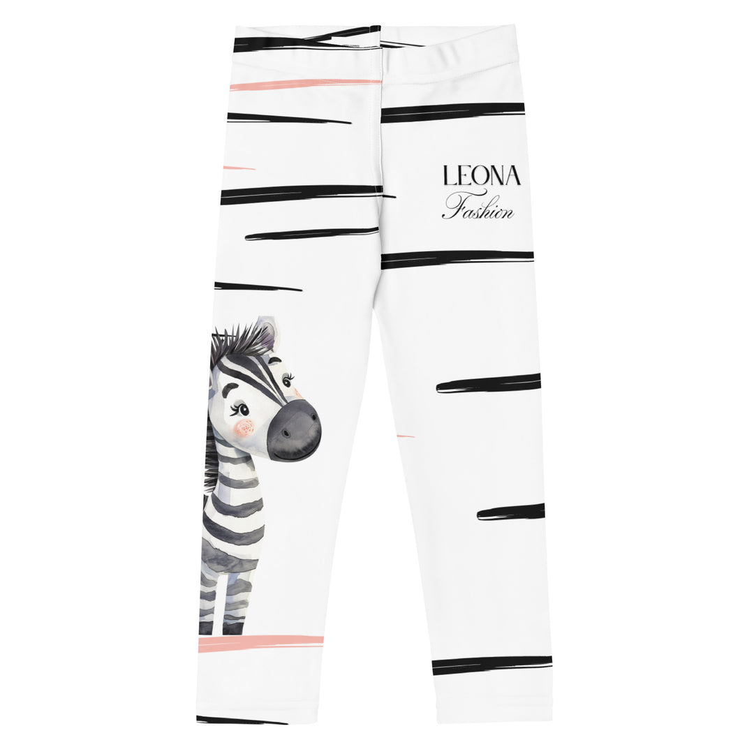 Zebra Blush Glow Girls Leggings, white with black and white zebra print and blush pink stripes - front view on white background-with a visible 'Leona Fashion' text on the design
