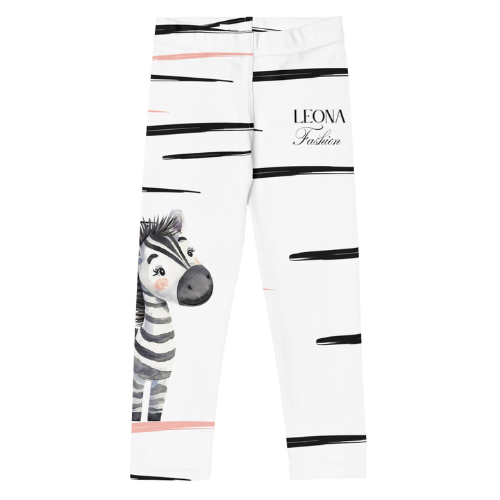 Zebra Blush Glow Girls Leggings, white with black and white zebra print and blush pink stripes - front view on white background-with a visible 'Leona Fashion' text on the design