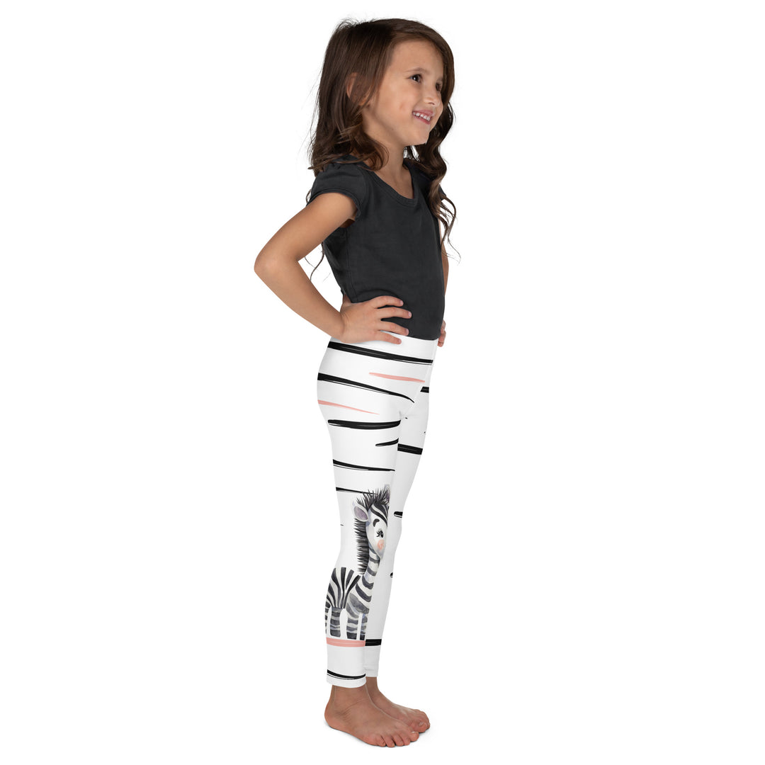 Zebra Blush Glow Girls Leggings, white with black and white zebra print and blush pink stripes – side stance, full length view
