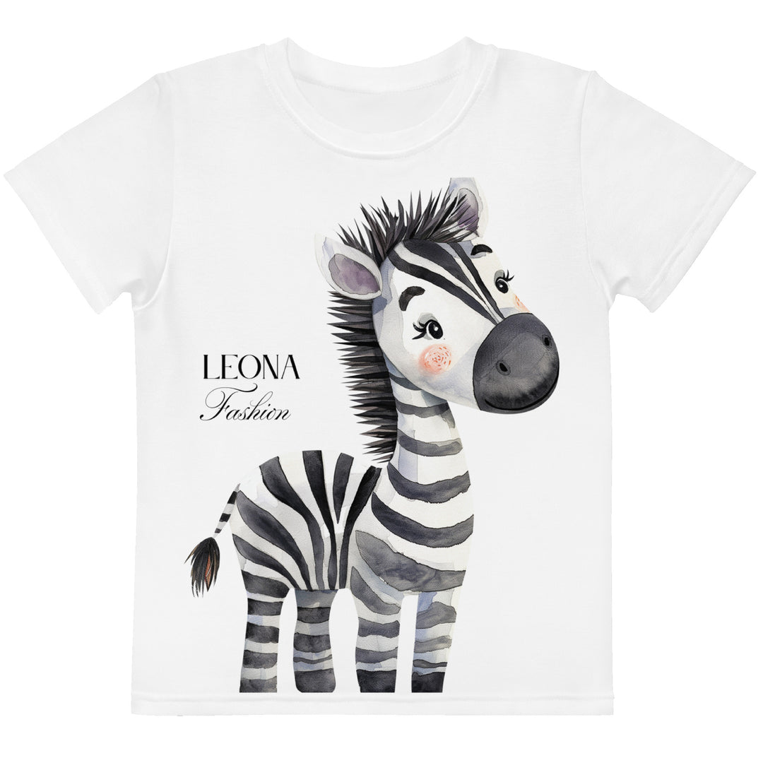 Zebra Blush Glow Girls T-shirt, white with black and white zebra print – front view on white background-with a visible 'Leona Fashion' text on the design