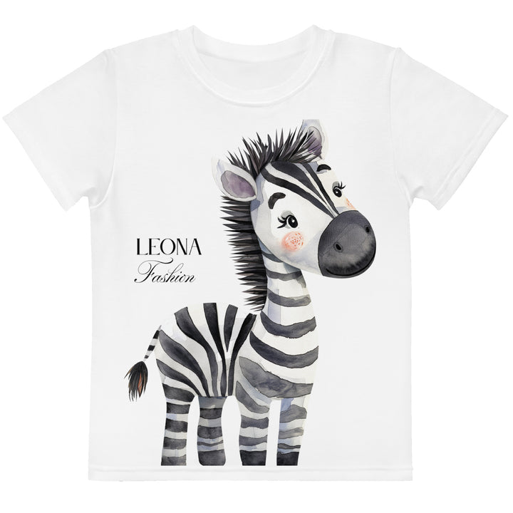 Zebra Blush Glow Girls T-shirt, white with black and white zebra print – front view on white background-with a visible 'Leona Fashion' text on the design