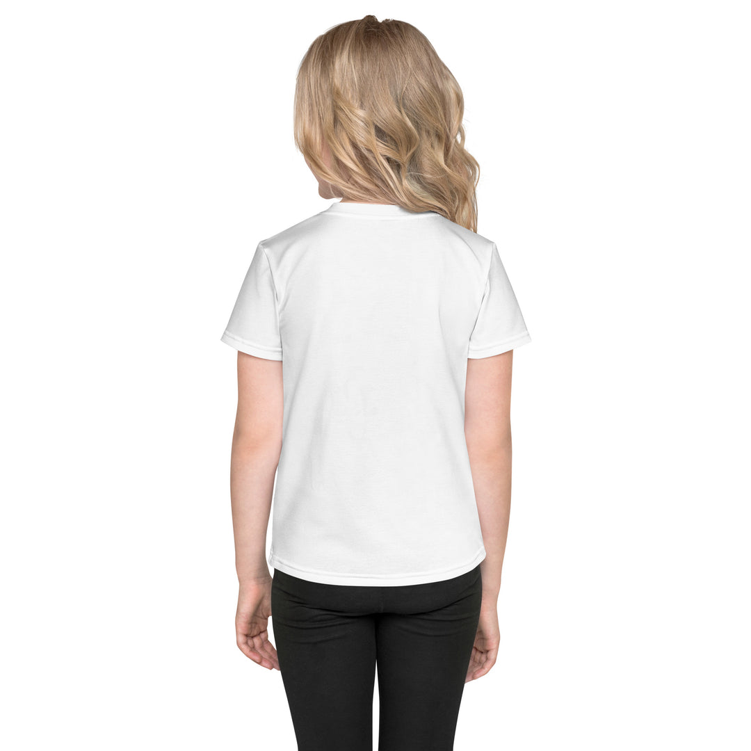 Zebra Blush Glow Girls T-shirt, white with black and white zebra print, rear angle shown on model