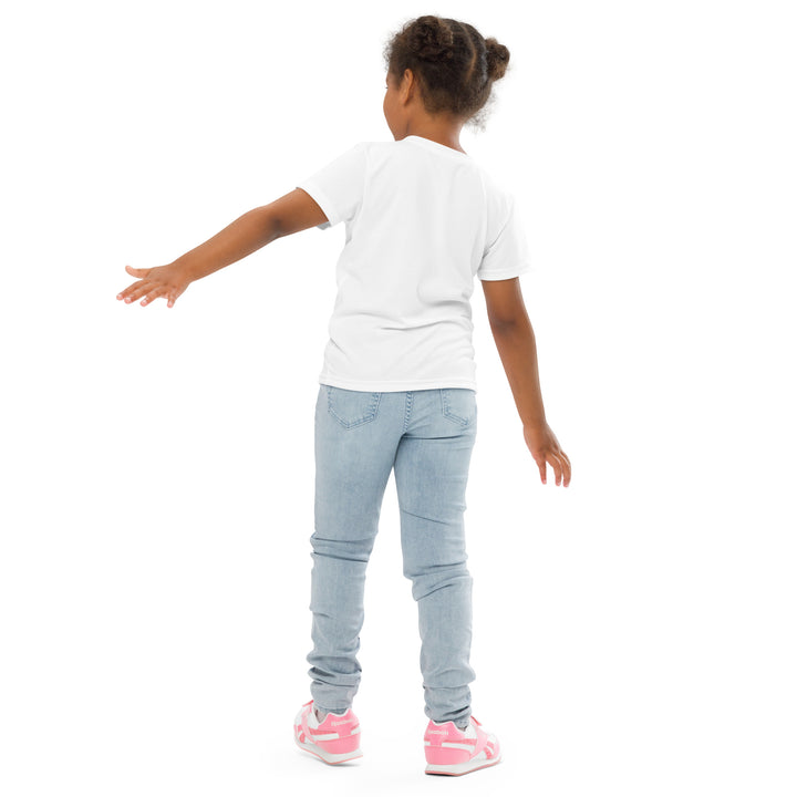 Zebra Blush Glow Girls T-shirt, white with black and white zebra print, back profile shown on model